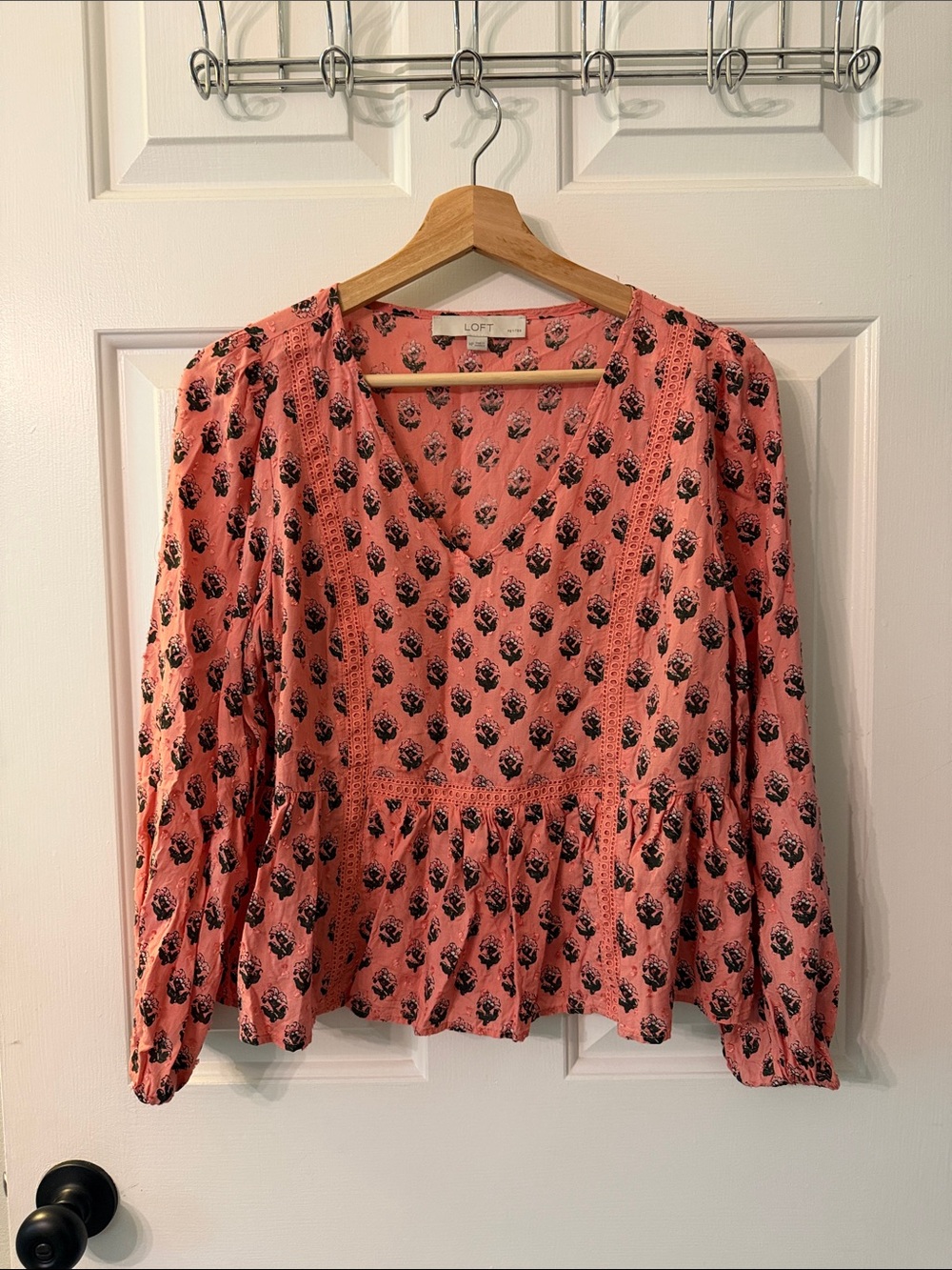 LOFT Coral Pink Floral Peplum V-Neck Blouse